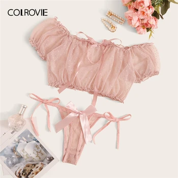 

COLROVIE Pink Lettuce Trim Mesh Tie Side Lingerie Set Women Polka Dot Intimates 2019 Sexy Sets Bra And Thongs Bralettes Bra Set