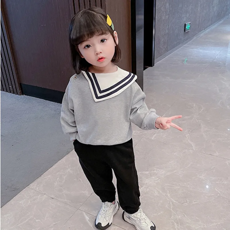 

Kids Girls Clothes Set Spring Autumn Casual Sailor Collar Long Sleeve Knitting Shirt+Pant Two Piece Fashion Children's Sets 1-7Y