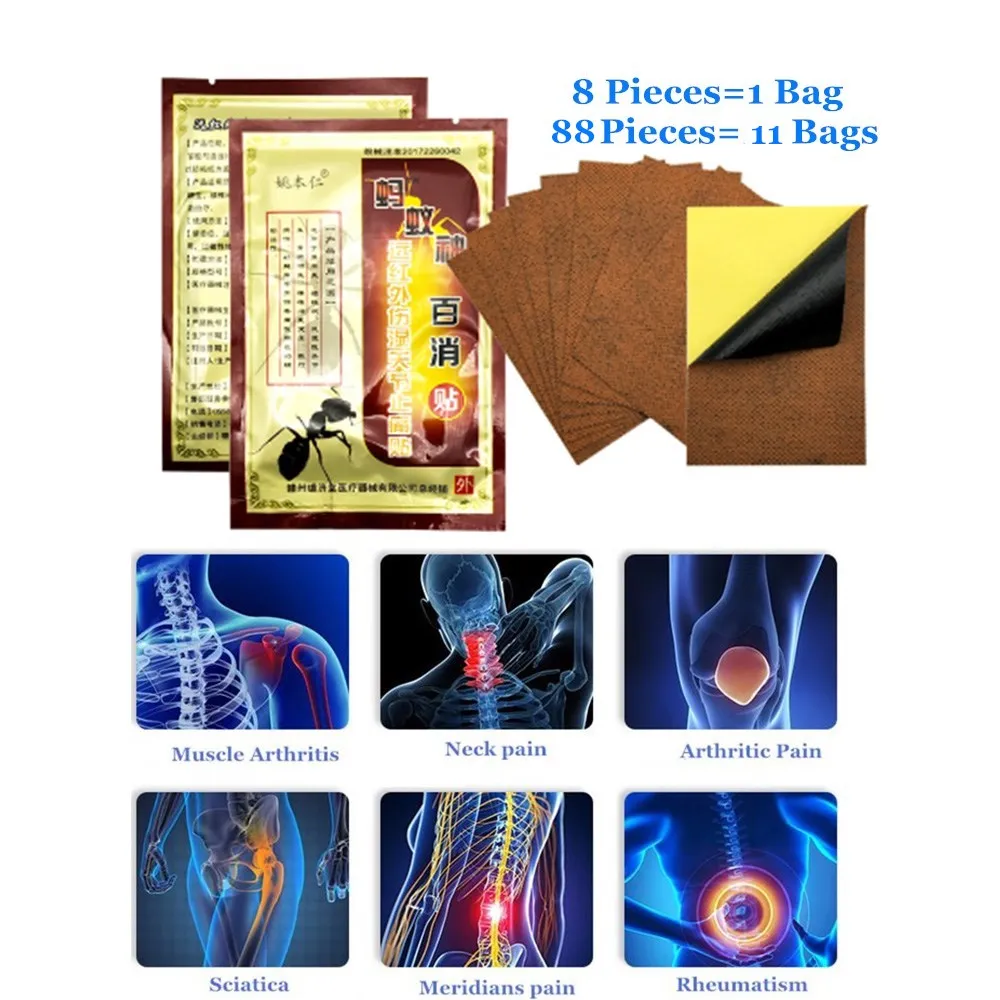 88 Pcs=11 Bags Black Ant Chinese Medicine Plasters Knee Back Joint Shoulder Muscle Arthritis Pain Relief Patch Body Health Care
88 Pcs=11 Bags Black Ant Chinese Medicine Plasters Knee Back Joint Shoulder Muscle Arthritis Pain Relief Patch Body Health Care