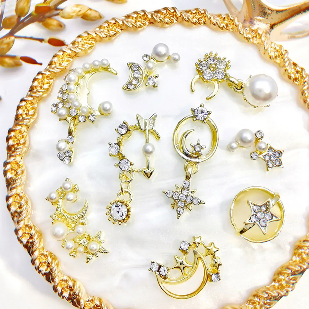 

10Pcs/lot Nail Art Charms Pentagram Star Moon Pearl Gold/Silver Alloy Rhinestones 3D Metal Decorations Accessories Nail Pendant