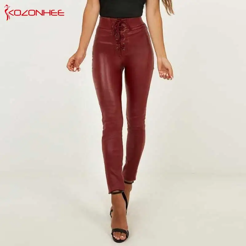 Brown Women PU Leather Pants High Waist Stretch Red Wine Skinny bandage Female Elasticity Women's Pencil Pu Leather Pants #t87 
Brown Women PU Leather Pants High Waist Stretch Red Wine Skinny bandage Female Elasticity Women's Pencil Pu Leather Pants #t87