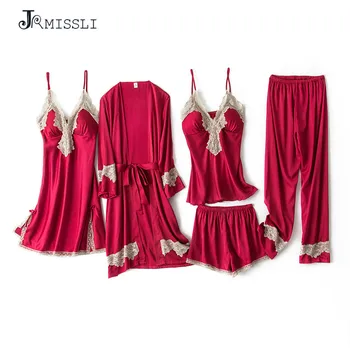 2020 Spring Autumn Women Silk Pajamas Sets With Chest Pads Flower Print Pijama Sleepwear 5 Pieces Spaghetti Strap Satin Pyjamas
2020 Spring Autumn Women Silk Pajamas Sets With Chest Pads Flower Print Pijama Sleepwear 5 Pieces Spaghetti Strap Satin Pyjamas