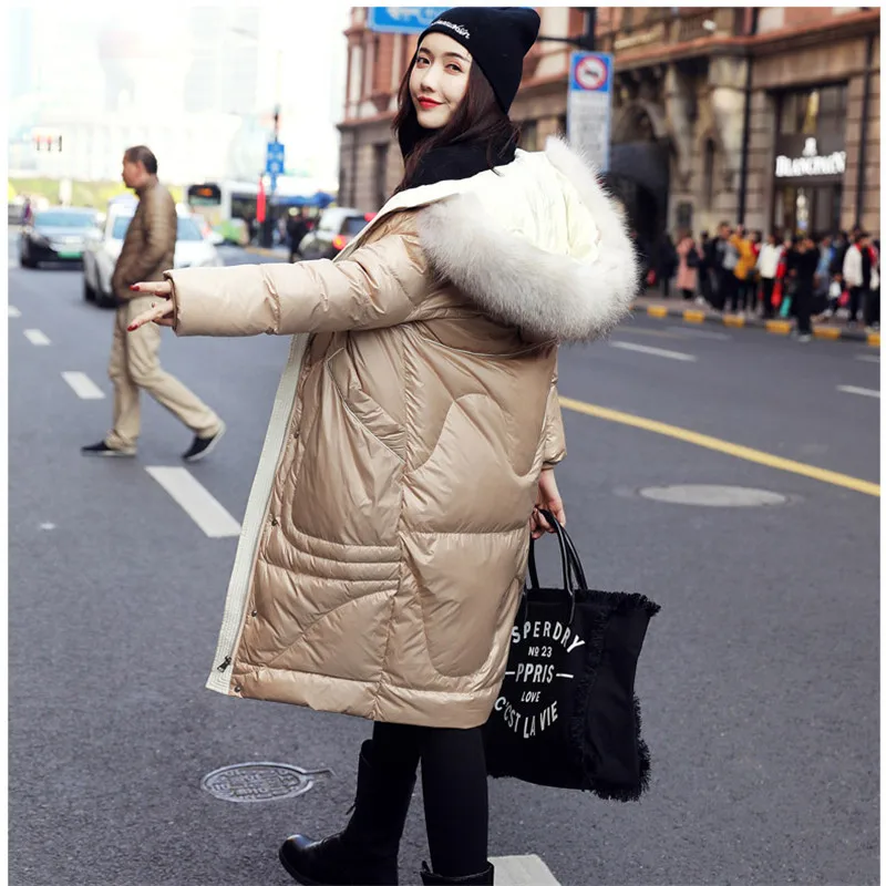 Medium-long section solid color thicken down jacket 2019 new bright large fur collar over the knee slim hooded women coat YH428 | Женская