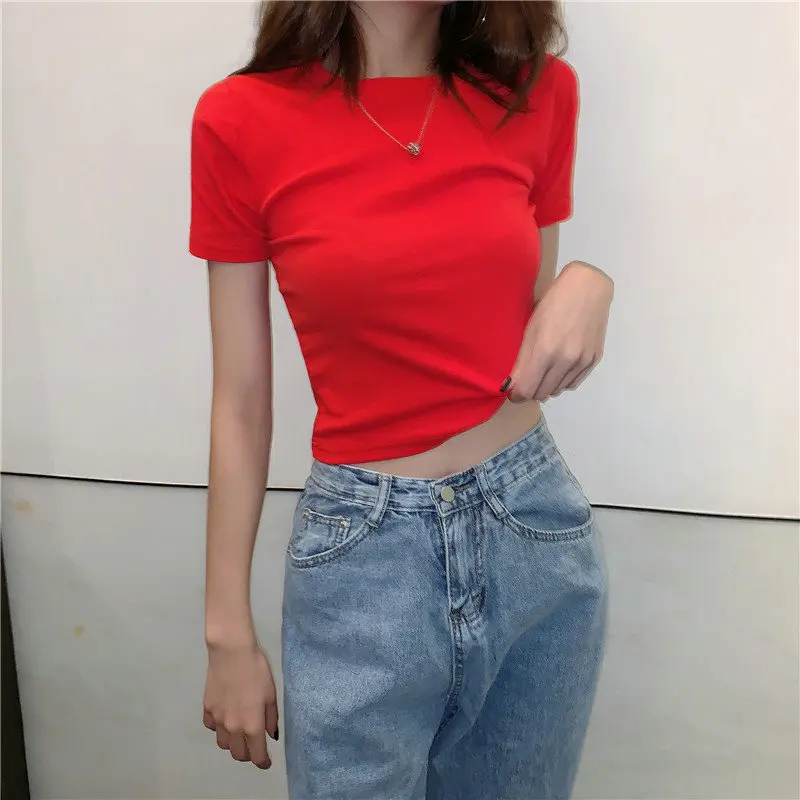 Women's O-neck Short Sleeve T-shirts Tops Ladies Red Basic Tees Casual White Cotton Korean Style T-shirt Slim Sexy Top Female 
Women's O-neck Short Sleeve T-shirts Tops Ladies Red Basic Tees Casual White Cotton Korean Style T-shirt Slim Sexy Top Female