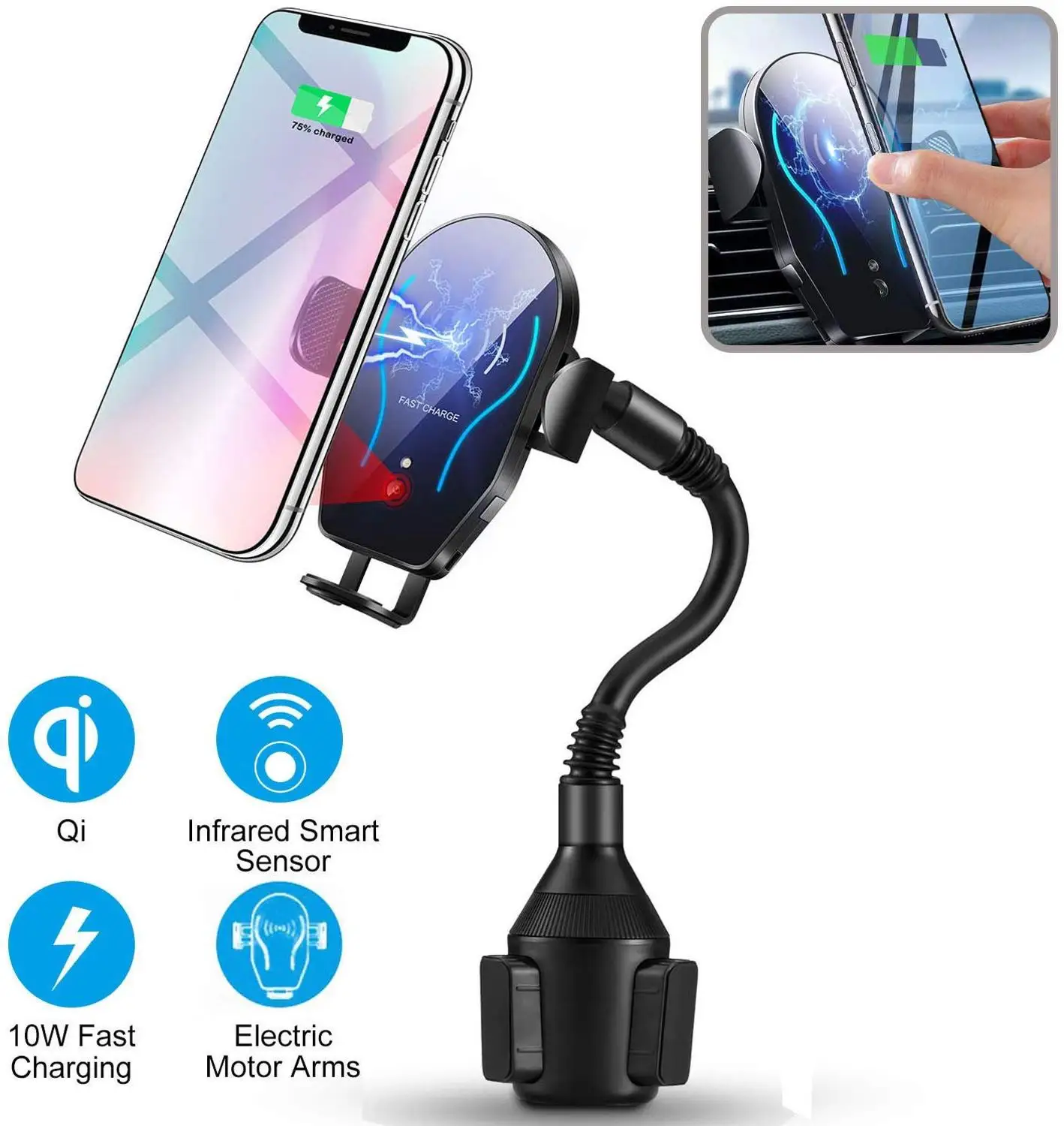 Wireless Car Charger-Cup Phone Holder Mount,Automatic Infrared Smart Sensor Clamping Qi 10W 7.5W Fast Universal Adjustable Cell
Wireless Car Charger-Cup Phone Holder Mount,Automatic Infrared Smart Sensor Clamping Qi 10W 7.5W Fast Universal Adjustable Cell