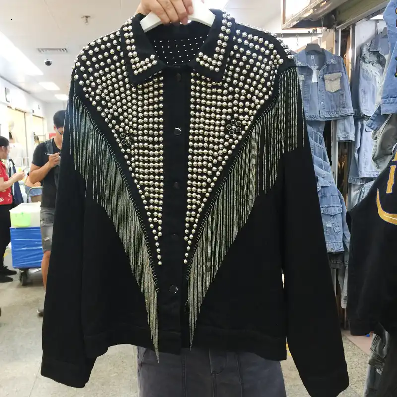 black denim jacket with tassels