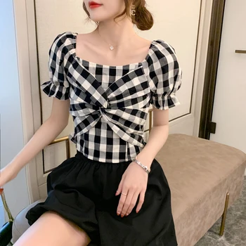 COIGARSAM Vintage Plaid blouse women New Summer Cute Chiffon Puff Sleeve blusas womens tops and blouses Blue Black 989
COIGARSAM Vintage Plaid blouse women New Summer Cute Chiffon Puff Sleeve blusas womens tops and blouses Blue Black 989