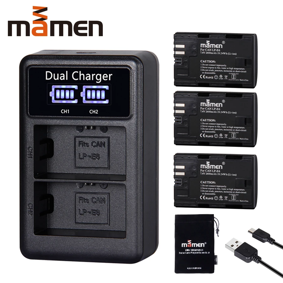 3pcs LP-E6 LP E6 LPE6 2600mAh Digital Camera Battery +USB LCD Dual Charger for Canon Mark II Mark III 6D 60D 60Da 70D 80D 5DS 5D
3pcs LP-E6 LP E6 LPE6 2600mAh Digital Camera Battery +USB LCD Dual Charger for Canon Mark II Mark III 6D 60D 60Da 70D 80D 5DS 5D
