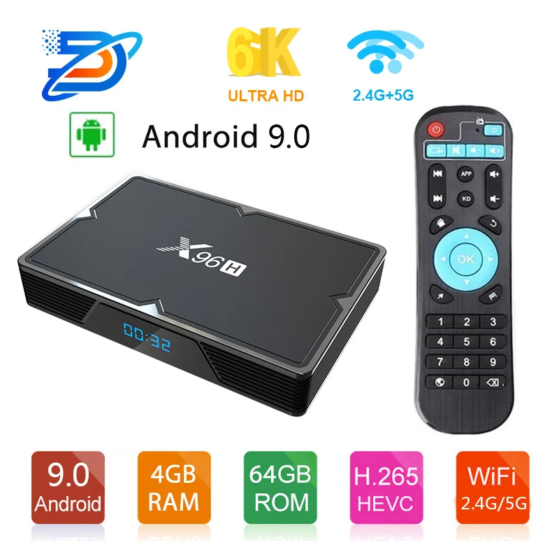 X96H Smart TV Box Android 9.0 Bluetooth 4.1 GPU Mali T720 4G Ram 32G/64G Rom USB 3.0 Support 2.4G wireless airmouse/keyboard 6K
X96H Smart TV Box Android 9.0 Bluetooth 4.1 GPU Mali T720 4G Ram 32G/64G Rom USB 3.0 Support 2.4G wireless airmouse/keyboard 6K