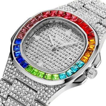 

Full Strap Diamond Iced Out Watch for Men Women Rainbow Crystal Silver Stainless Steel Quartz Movement Shinning Party Watches