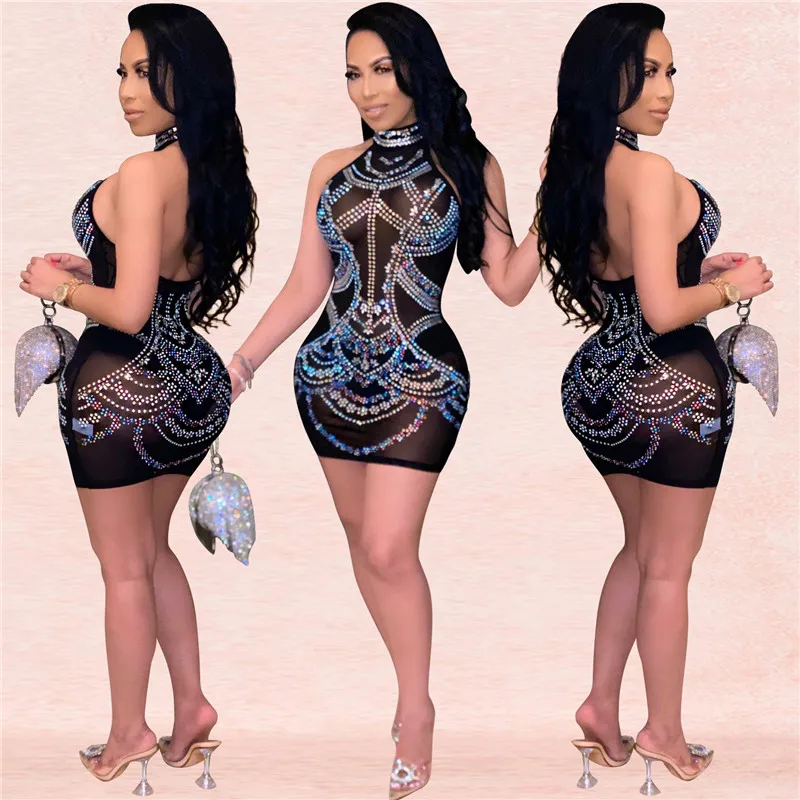 Sexy Women Party Clubwear Shiny Sequined Dress Rhinestone Backless Halter See-through Mesh Bodycon Short Mini Dresses 
Sexy Women Party Clubwear Shiny Sequined Dress Rhinestone Backless Halter See-through Mesh Bodycon Short Mini Dresses