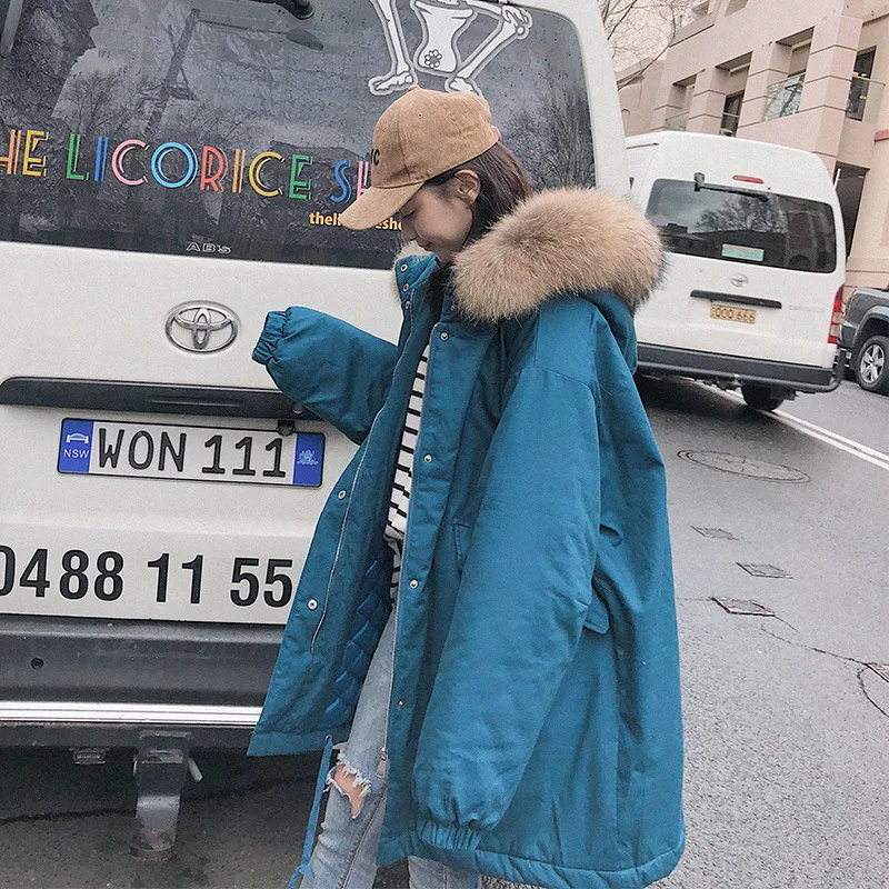 Korean-style Workwear down Jacket Cotton-padded Clothes Women's 2019 New Style Large Fur Collar Mid-length Loose Winter Coat Thi 
Korean-style Workwear down Jacket Cotton-padded Clothes Women's 2019 New Style Large Fur Collar Mid-length Loose Winter Coat Thi