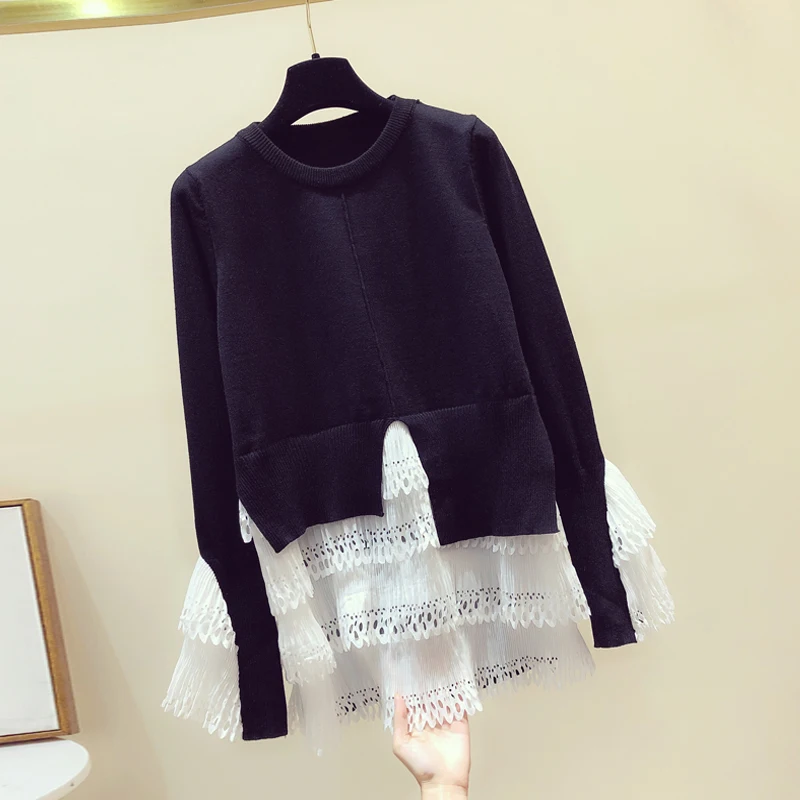 Lace Stitching Sweater Women's Spring New Irregular Ruffled Sweater Fashion O Neck Black Jumper Sweter Female Pull Pullovers
Lace Stitching Sweater Women's Spring New Irregular Ruffled Sweater Fashion O Neck Black Jumper Sweter Female Pull Pullovers