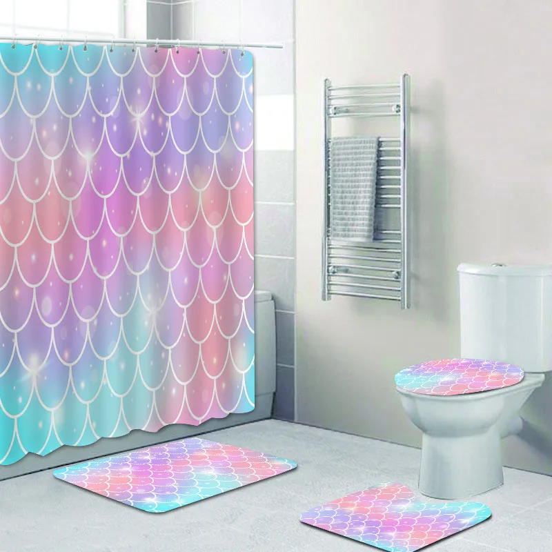 Girly Kawaii Rainbow Scales Mermaid Princess Bathroom Shower Curtain and Bath Rug Set Watercolored Toilet Mats Kids Home Decor
Girly Kawaii Rainbow Scales Mermaid Princess Bathroom Shower Curtain and Bath Rug Set Watercolored Toilet Mats Kids Home Decor