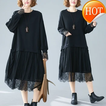 Women Plus Size Dress Long Sleeve Cotton Lace Spliced Fashion Lady Elegant Vestidos Female Clothes Pleated Loose Autumn
Women Plus Size Dress Long Sleeve Cotton Lace Spliced Fashion Lady Elegant Vestidos Female Clothes Pleated Loose Autumn
