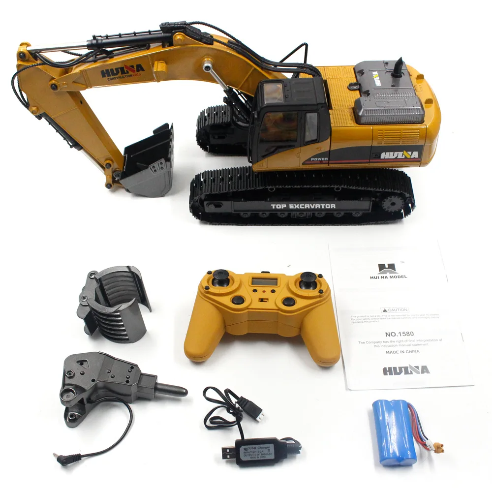 Huina 1580 1/14 23CH Full Alloy Belt Charging Excavator Three In One Remote Control Engineering Vehicle Big RC Excavator Truck