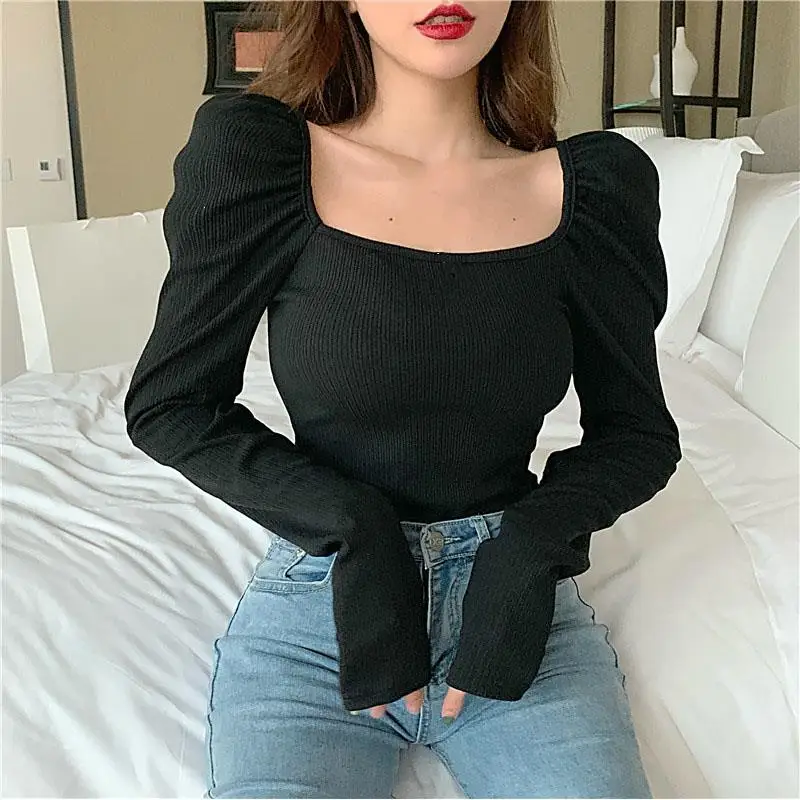 Fashion Vintage Ruff Sleeve Slim T-Shirt Sexy Square Collar Casual T-Shirt Spring Solid Color Long Sleeve T-Shirt 
Fashion Vintage Ruff Sleeve Slim T-Shirt Sexy Square Collar Casual T-Shirt Spring Solid Color Long Sleeve T-Shirt