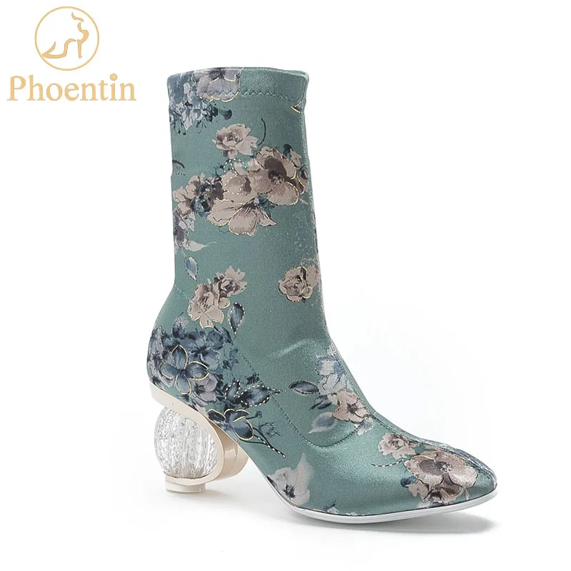 

Phoentin light green mid calf boots women crystal heels stretchable retro booties female floral printing plus size shoes FT760