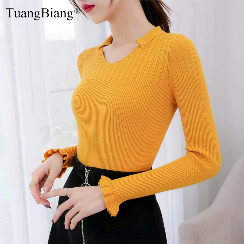 Women V-Neck Autumn Flare sleeve Sweaters Ladies Korea Solid color Pullover 2019 Jumpers Female winter Long Sleeve Yellow Tops 
Women V-Neck Autumn Flare sleeve Sweaters Ladies Korea Solid color Pullover 2019 Jumpers Female winter Long Sleeve Yellow Tops
