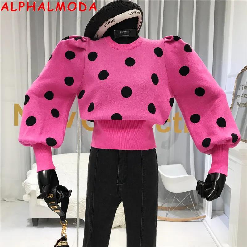 Женское платье-свитер ALPHALMODA в горошек с круглым вырезом рукавами-пузырьками на