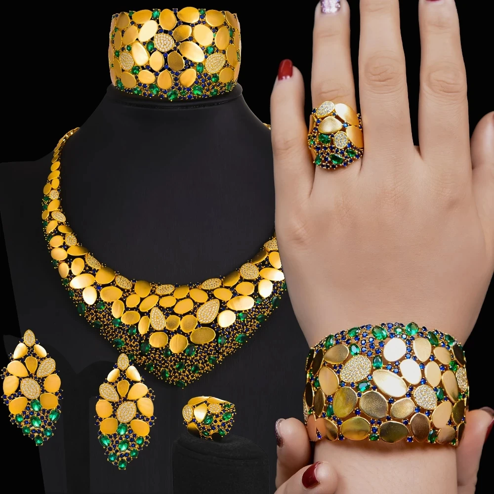 

missvikki Nigerian India Russia Wedding Bride Luxury Necklace Dubai 4PCS Dress Jewelry Set for Women Daily Party Cubic Zirconia