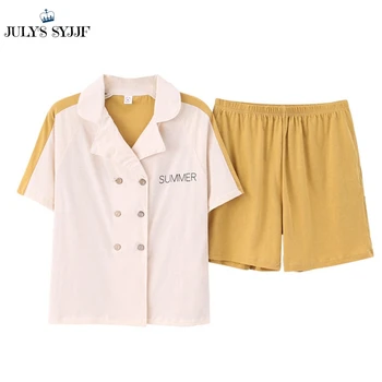 JULY'S SYJJF Cotton Women's Pajamas Set 2 Pieces Turn-down Collar Short Sleeves Sleepwear Solid Color Pajamas Suit Shorts
JULY'S SYJJF Cotton Women's Pajamas Set 2 Pieces Turn-down Collar Short Sleeves Sleepwear Solid Color Pajamas Suit Shorts