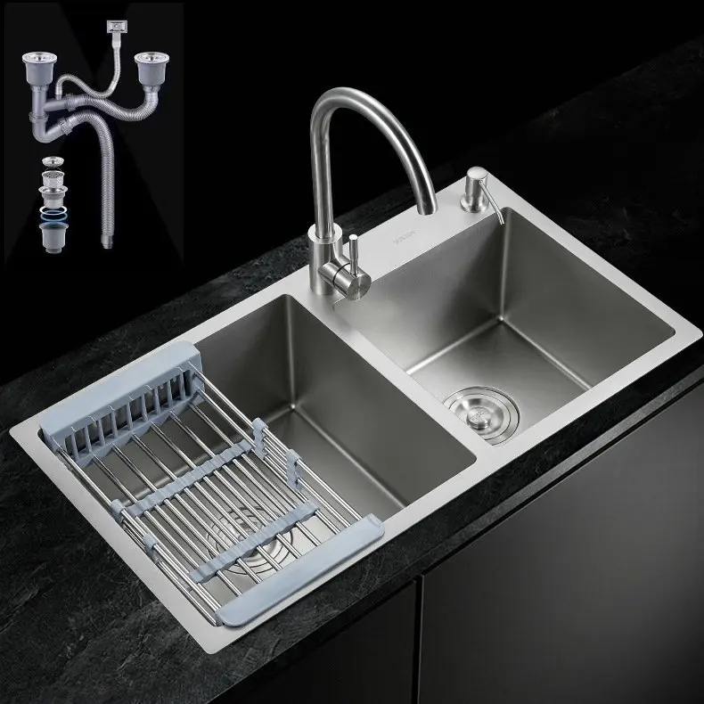 Large Size 304 Stainless Steel Double bowl Kitchen Sinks with Faucet and drain basket and sink draining pipe and soap dispenser
Large Size 304 Stainless Steel Double bowl Kitchen Sinks with Faucet and drain basket and sink draining pipe and soap dispenser