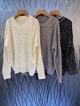 New women's round neck heavy work nail beads glittering hollow solid color loose sweater 927
New women's round neck heavy work nail beads glittering hollow solid color loose sweater 927