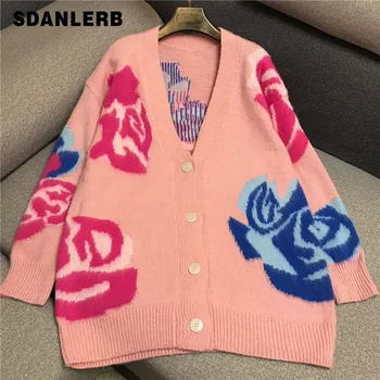 Mohair Sweater Cardigan Women's 2019 New V-neck Rose Jacquard Loose Silhouette Midi Long Knit Jacket Thick Coat Knitwear Femme 
Mohair Sweater Cardigan Women's 2019 New V-neck Rose Jacquard Loose Silhouette Midi Long Knit Jacket Thick Coat Knitwear Femme