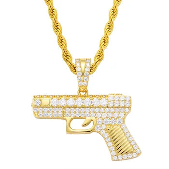 

Hip Hop Prong Setting AAA CZ Stone Bling Ice Out CSGO Automatic Pistol Gun Pendants Necklace for Men Rapper Jewelry