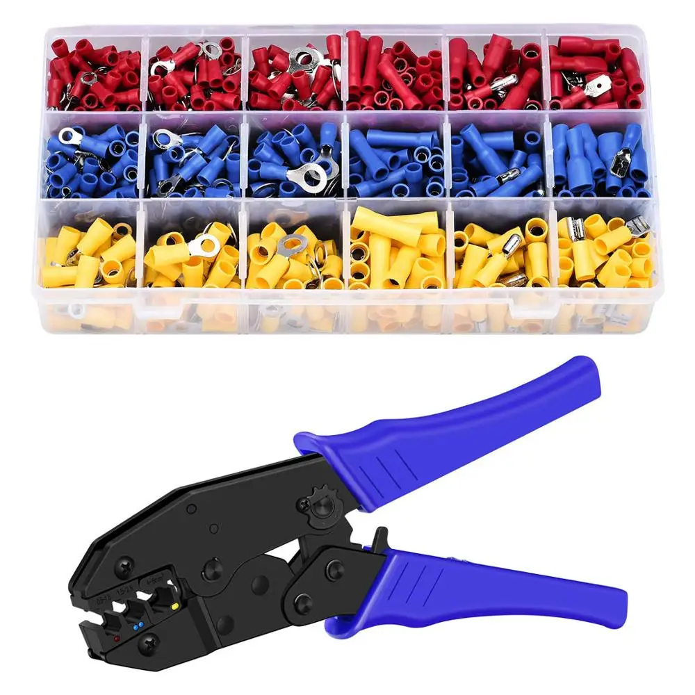 Wire Terminals Crimping Tool, Insulated Ratcheting Terminals Crimper Kit of AWG22-10 with 800PCS Insulated Butt Bullet Sp
Wire Terminals Crimping Tool, Insulated Ratcheting Terminals Crimper Kit of AWG22-10 with 800PCS Insulated Butt Bullet Sp