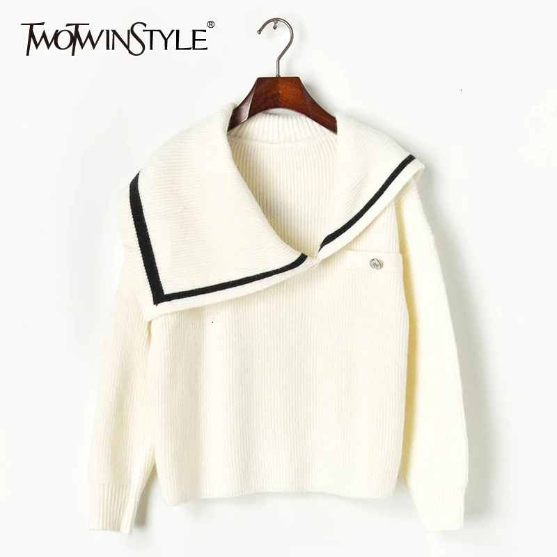 TWOTWINSTYLE Patchwork Hit Color Knitting Women's Sweater Irregular Collar Lantern Sleeve England Style Female Sweaters Fashion
TWOTWINSTYLE Patchwork Hit Color Knitting Women's Sweater Irregular Collar Lantern Sleeve England Style Female Sweaters Fashion