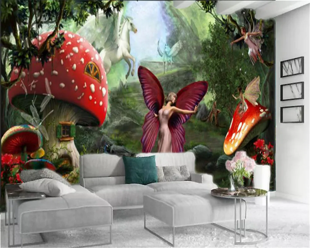 Фото Настенные 3d обои милые Мультяшные шелковые HD с изображением бабочек и эльфов в