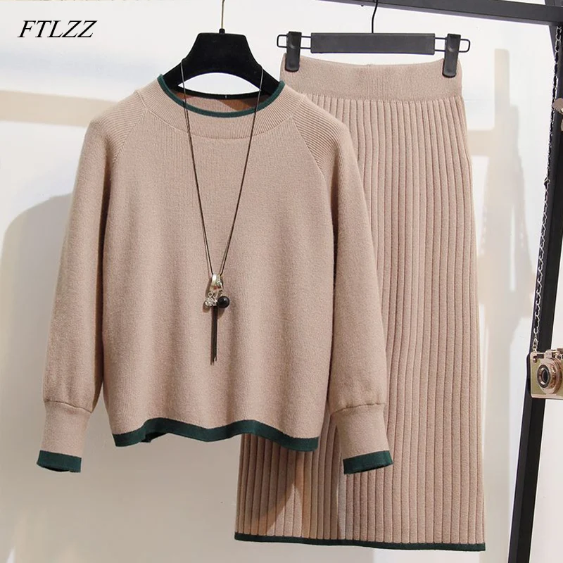 FTLZZ Winter Knitted 2 Pieces Set Plus Size Women Long Sleeve Loose Sweater + Package Hip Skirt Female Suits |