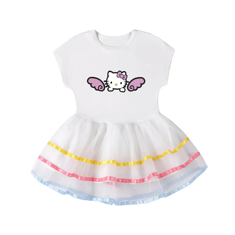 

Hello Kitty Summer Children's Pure Cotton Short-Sleeved TuTu Skirt Casual Cute Cartoon Anime Dress Girls Net Yarn Princess Dress