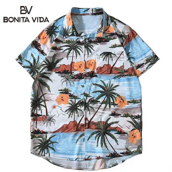 

Bonita Vida Flowers Palm Coconut Tree Print Tropical Beach Aloha Hawaiian Shirts Summer Casual Short Sleeve Aloha Floral Shirt