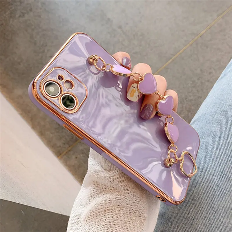 Luxury Gold Plated Electroplated Heart Bracelet Hand Strap Holder Cover for iPhone 11 Pro Max XR X XS 7 8 Plus SE 20