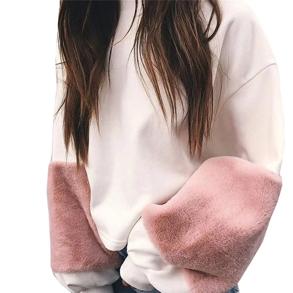 JAYCOSIN Fashion Women Casual Simple White Plush Sleeves Loose Sweatshirt European Comfortable Soft Pullover Top Blouse