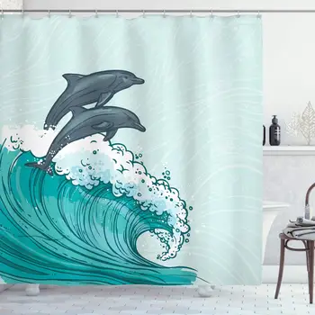 

Sea Animals Shower Curtain, Waves Flowing Water Sketch Sea Ocean and 2 Dolphins Summertime, Cloth Fabric Bathroom Decor Set with