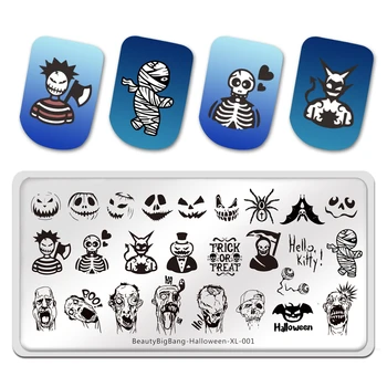 

BeautyBigBang Halloween Nail Stamping Plates XL-001 Demon Pumpkin Zombies Image Stainless Steel 12*6cm Nail Art Template Stencil