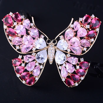 

Butterfly Brooch Luxury Pink Zircon Crystal Brooches Pins for Women Wedding Bridal Bouquet Broaches Large Insect Animal Broche