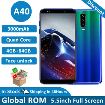 A40 4G RAM 64G ROM 5.5" 18:9 HD screen 13MPcamera Face ID 3000mAh mobile phones android MTK6580 quad core celulares Smartphones
A40 4G RAM 64G ROM 5.5" 18:9 HD screen 13MPcamera Face ID 3000mAh mobile phones android MTK6580 quad core celulares Smartphones