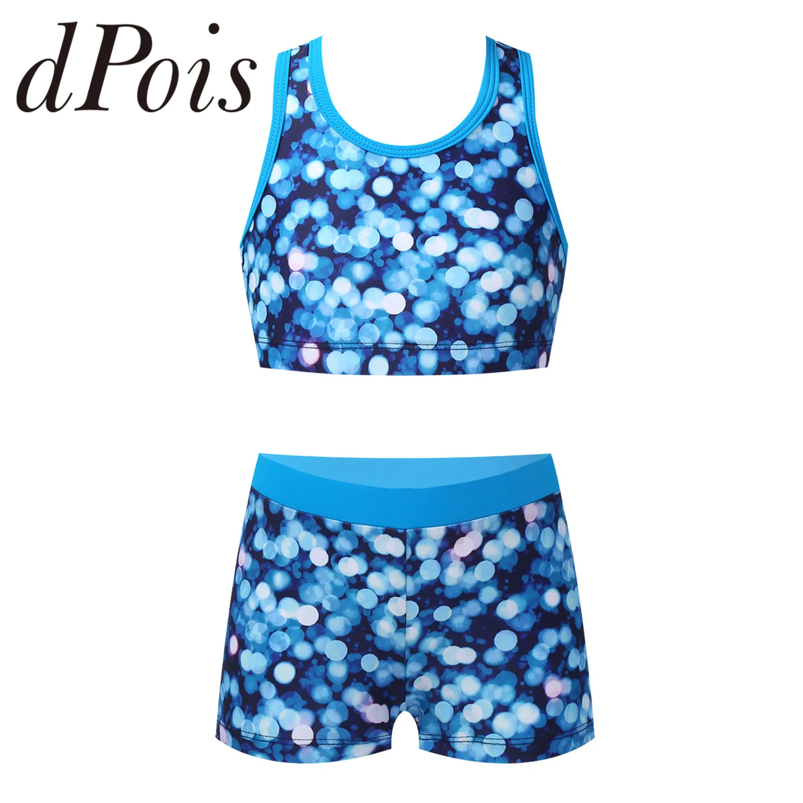 

Girls Two Pieces Printed Swimwear Swimsuits Tank Top + Shorts Kids Tracksuits Ballet Gym Outfits Summer Childrens Bathing Suits