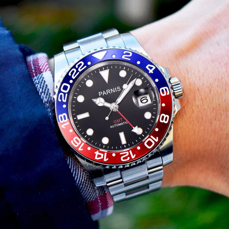 

Parnis 40mm Automatic Mechanical Watch Men GMT Luxury Sapphire Crystal Ceramic Bezel Luminous Waterproof Calendar Wristwatch Men