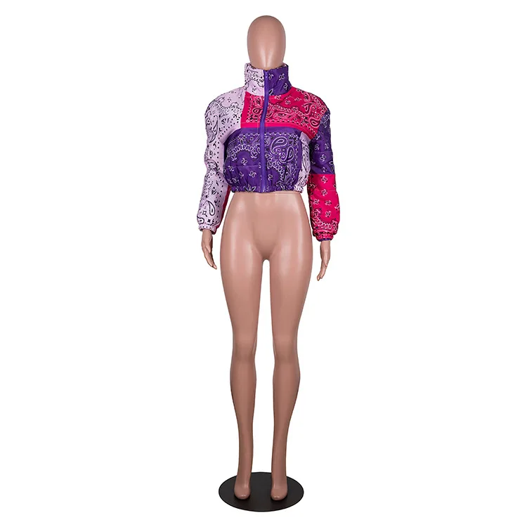 Short Print Cotton-Padded Jacket Women 2020 European And American Fashion New Winter Stand-Up Collar Long-Sleeved Coat Trendy