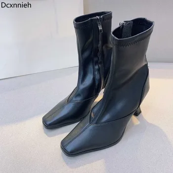 Black White Square Toe Chelsea Boots Women Genuine Leather Chunky Heels Socks Ankle Boots For Women Elastic Boots Women Mujer 
Black White Square Toe Chelsea Boots Women Genuine Leather Chunky Heels Socks Ankle Boots For Women Elastic Boots Women Mujer