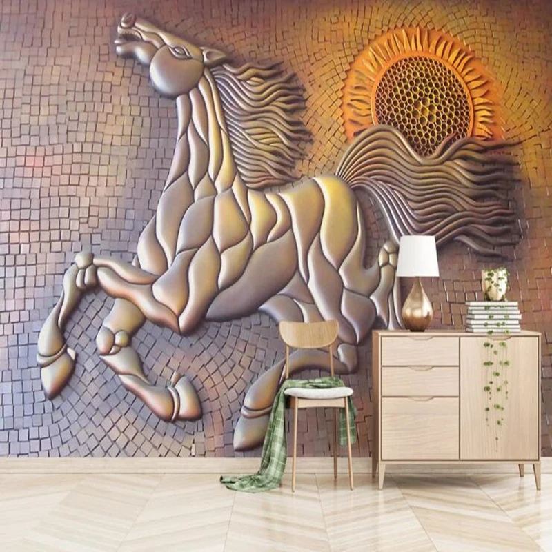 Пользовательские papel де parede 3d золотой тиснением Скачущая Лошадь росписи для