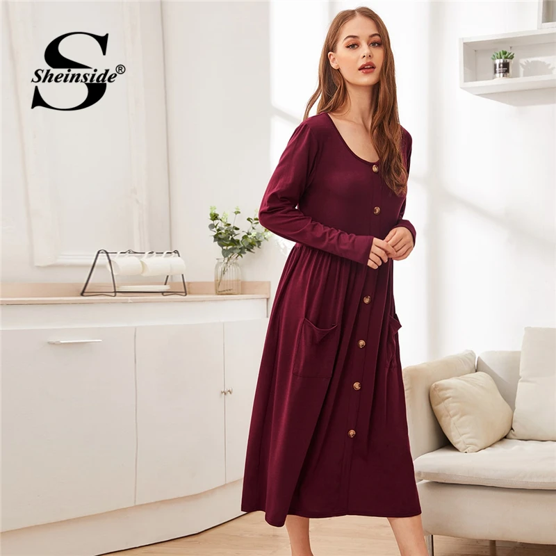 

Sheinside Burgundy V Neck Straight Nightgowns Women 2020 Spring Pocket Detail Sleepwear Ladies Solid Minimalist Nightgowns