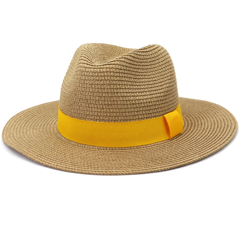 

HT3633 New Summer Sun Hat Men Women Yellow Band Jazz Panama Straw Fedora Hat Male Female Travel Beach Cap Wide Brim Beach Hat