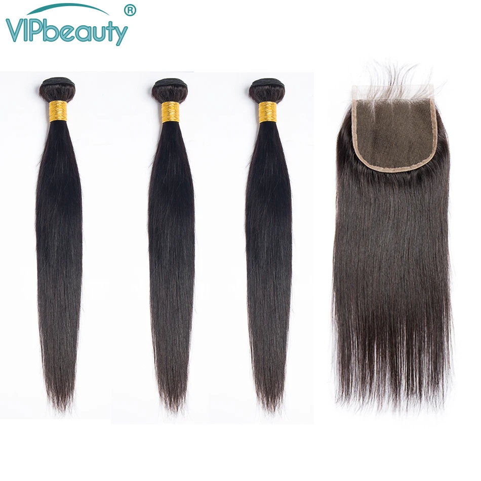 

Vip Beauty Brazilian Straight Hair With Closure Human Hair Weave Remy Extensions Free Part 4x4 Lace Closure With 3 Bundles Deal